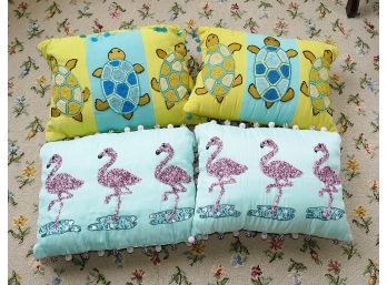 Set Of 4 Beaded Throw Pillows - Turtles & Flamingos