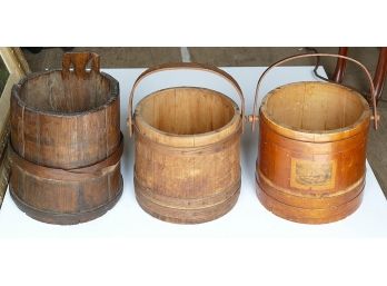 3 Antique Wooden Pails / Sugar Buckets