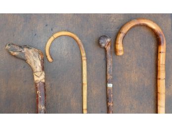 4 Vintage/Antique Walking Sticks - Wood & Bent Bamboo - Carved Dog Head - Folk Art