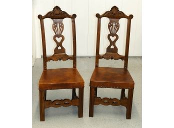 Pair Of Portuguese Baroque Carved Highback Wood & Leather Chairs