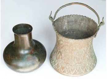 Metal/Copper Vase And Egyptian-Themed Bucket
