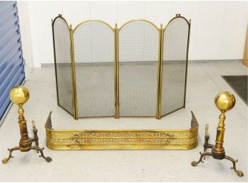 Antique Federal Brass Fireplace Andiron, Vintage Fender And Screen