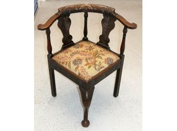 Antique Carved Wooden Corner Chair With Needlepoint Floral Seat