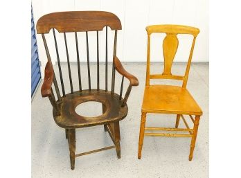 2 Antique Wooden Chairs - Commode Chair & Hole Punch Chair