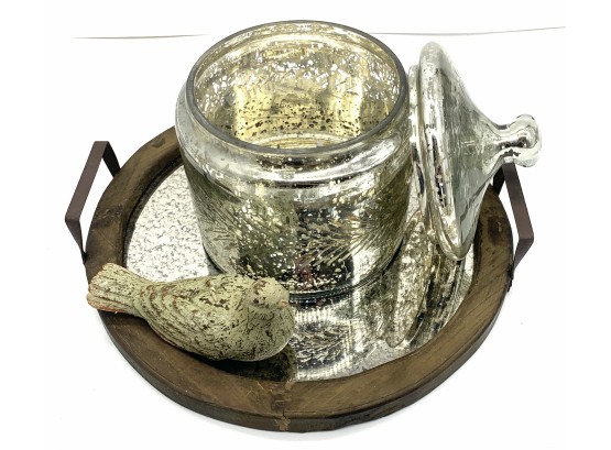Beautiful Mirrored Tray, Decorative Treat Jar And Bird Candle