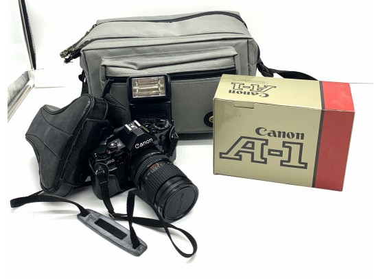 Canon A-1 Nikon 35mm Camera, Case And Camera Bag