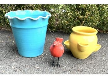 Yellow And Blue Large Pottery Plus Red Pottery Bird
