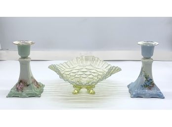Yellow Depression Glass Bowl And Two China Candlesticks