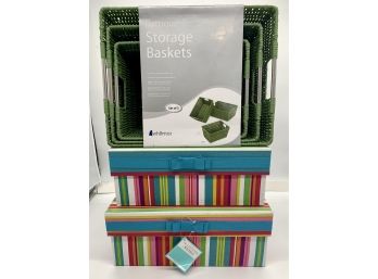 Set Of 3 Rattique Storage Baskets And 2 Colorful Storage Boxes