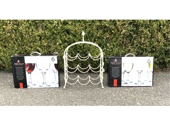 Painted Iron Wine Rack And 12 Wine Glasses In Box
