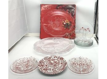 Holiday Collection - Two Christmas Platters In Boxes And A Collection Of Winter Plates