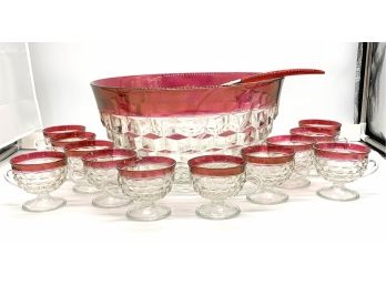 Vintage Fostoria Cubist Pattern Punch Bowl And Punch Cups With Cranberry Rim By Colony / Indiana Glass