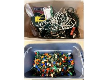 2 Tubs Of Outdoor Porch Christmas Lights & Mounting Parts