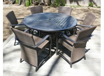60' Round Table Outdoor Dining Set W/ Six Chairs - Metal & Resin Wicker