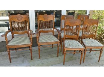Set Of 6 Antique Oak Pressed Back Spindle Dining Chairs