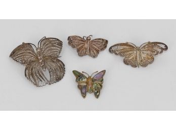 Lot Of 4 Vintage Filigree & Inlay Butterfly Brooches - Mexico/Alpaca