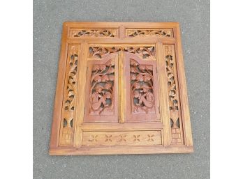 Asian Carved Wood Panel With Two Small Doors
