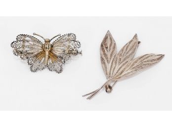 2 Vintage 800 (80) Silver Filigree Pins - Butterfly / Leaf