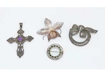 Sterling Silver Jewelry Lot - Silver / Gemstone Cross Pendant, Brooch, Filigree