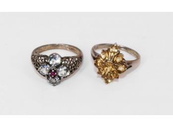 Pair Of Vintage Sterling Silver & Gemstone Rings - Thailand