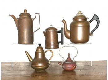 Vintage Set Of Five Copper Coffee And Teapot Collection