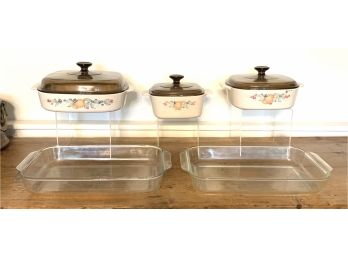 Corning Ware Covered Casserole And Pair Of Pyrex Roasting Pans - Abundance Pattern
