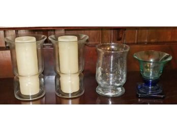 Pair Of Hurricane Lamps, Glass Vase & Footed Bowl