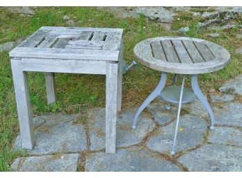 2 Outdoor Side Tables - Teak Square & Teak/Metal Round