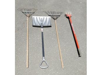 Outdoor Tool Lot - Rakes, Shovel, Garden Weasel