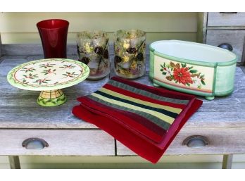 Holiday Lot - Cake Stand, Villeroy & Boch Planter, Pinecone Candle Holders, Velvet Table Runner