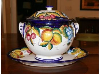 Hand-Painted Italian Ceramic Serving Bowl & Platter