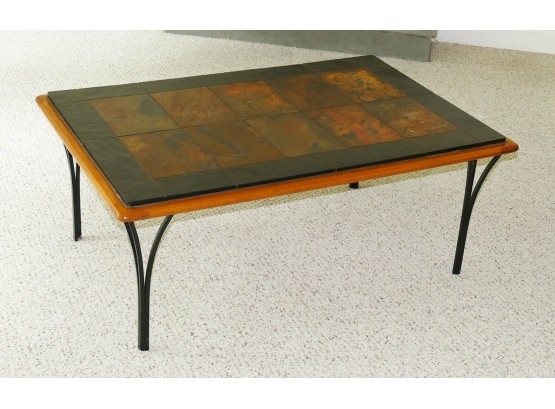 Wrought Iron, Wood, And Tile Coffee Table