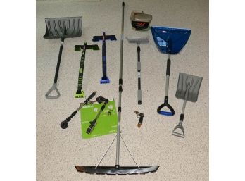 Outdoor Tool Lot - Shovels, Car Snow Scrapers, Garden Nozzles, Spreader, Etc