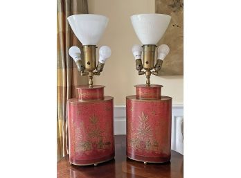 Pair Of Vintage Chinese Tea Tin Lamps