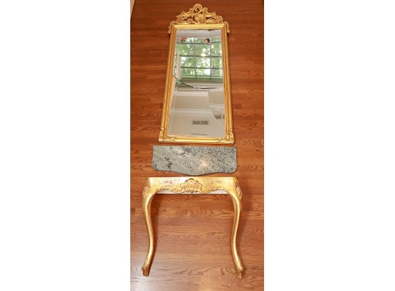 Antique Swedish Rococo Style Gilt Mirror & Marble Top Console Table - AS-IS