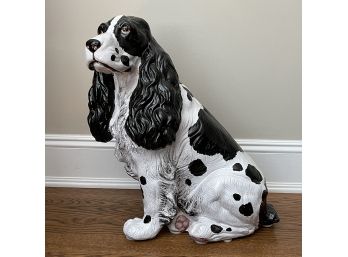 Vintage Italian Midcentury Black And White Terracotta Spaniel Dog Sculpture - Life Size