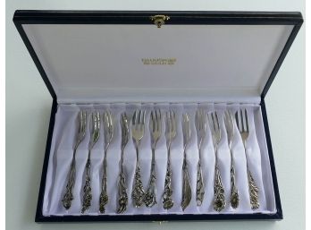 Set Of 12 Vintage Georg Wessfelt Sweden Silver Decorative Appetizer/Cocktail Forks - .830 Or .925 Purity