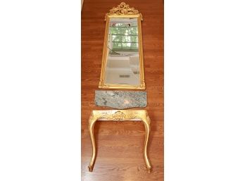 Antique Swedish Rococo Style Gilt Mirror & Marble Top Console Table - AS-IS