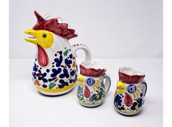 Set Of 3 Italian Hand Painted Earthenware Rooster Pitchers - Water/Juice & Creamer/Milk