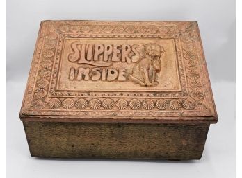 Antique Arts & Crafts Slipper's Inside Fireside Storage Box - Brass Repousse Over Wood