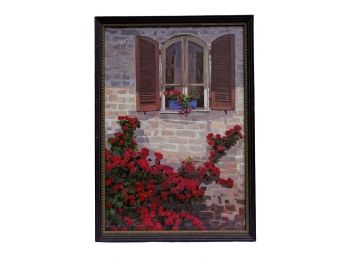 Large Framed Original Oil On Board - Flowers / House Scene