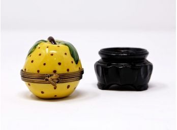 Limoges La Gloriette France Hand-Painted Fruit Shaped Porcelain Trinket Box - With Stand