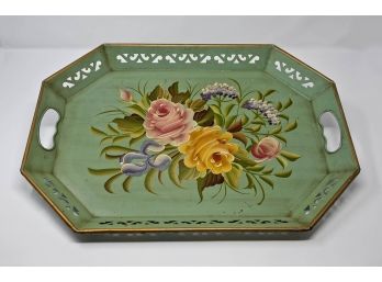 Vintage Hand Painted Green Tole Tray