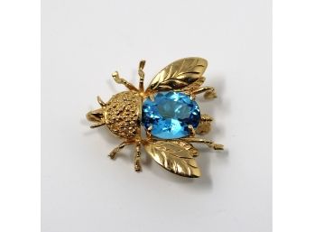 Vintage 14k Yellow Gold & Blue Topaz Bee Brooch Pin/Pendant