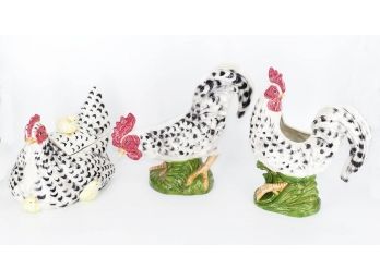 3 Different Fitz And Floyd Ceramic Roosters - Cookie Jar, Utensil Holder, Figurine