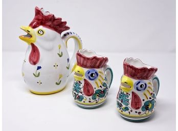 Set Of 3 Italian Hand Painted Earthenware Rooster Pitchers - Water/Juice & Creamer/Milk