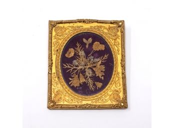 Antique Victorian Pressed Gold Metal Picture Frame With Pressed Flowers