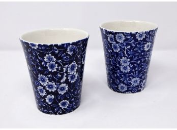 Pair Of Staffordshire Calico Blue Porcelain Tumblers