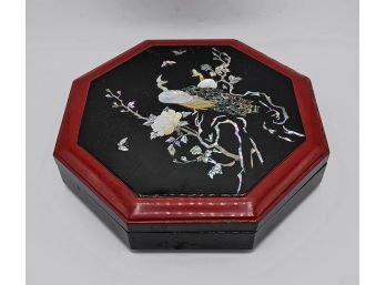 Asian Wood Lacquered Octagonal Box With Mother Of Pearl Inlay