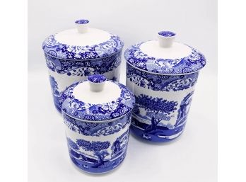 Spode Blue Italian 3-Piece Porcelain Storage Jar Set - Blue/White - 7', 8.5', & 9' Tall